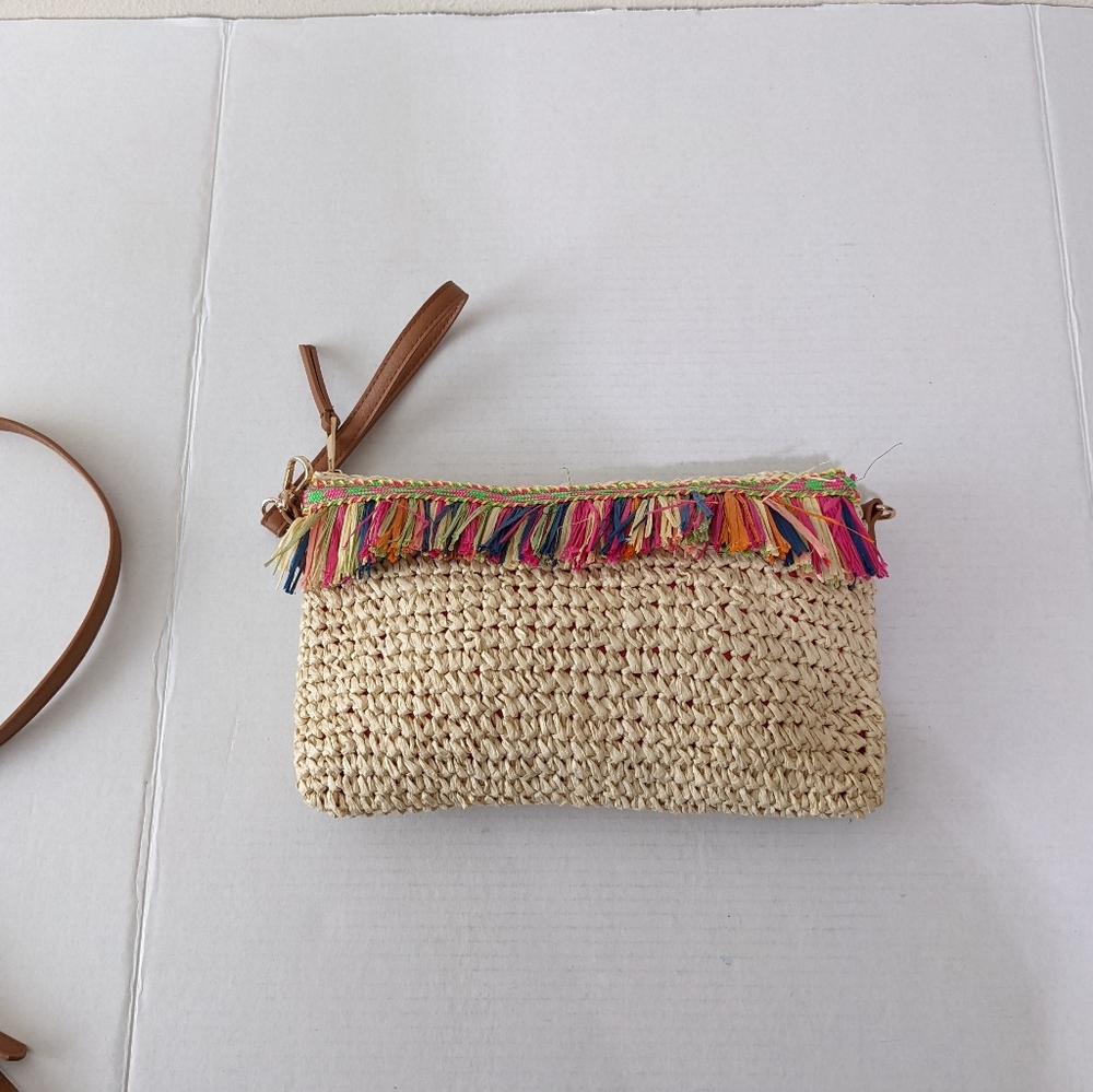 I.N.C Raffia Straw Colorful Fringe Trim Wristlet Clutch Crossbody Bag Resort - Picture 2 of 10